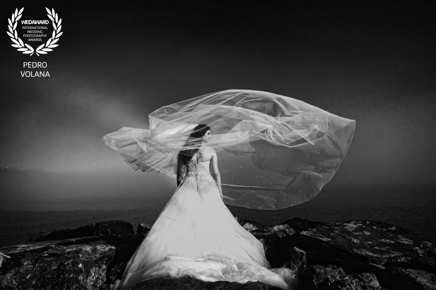 Fotografía en blanco y negro de una mujer con su vestido de novia